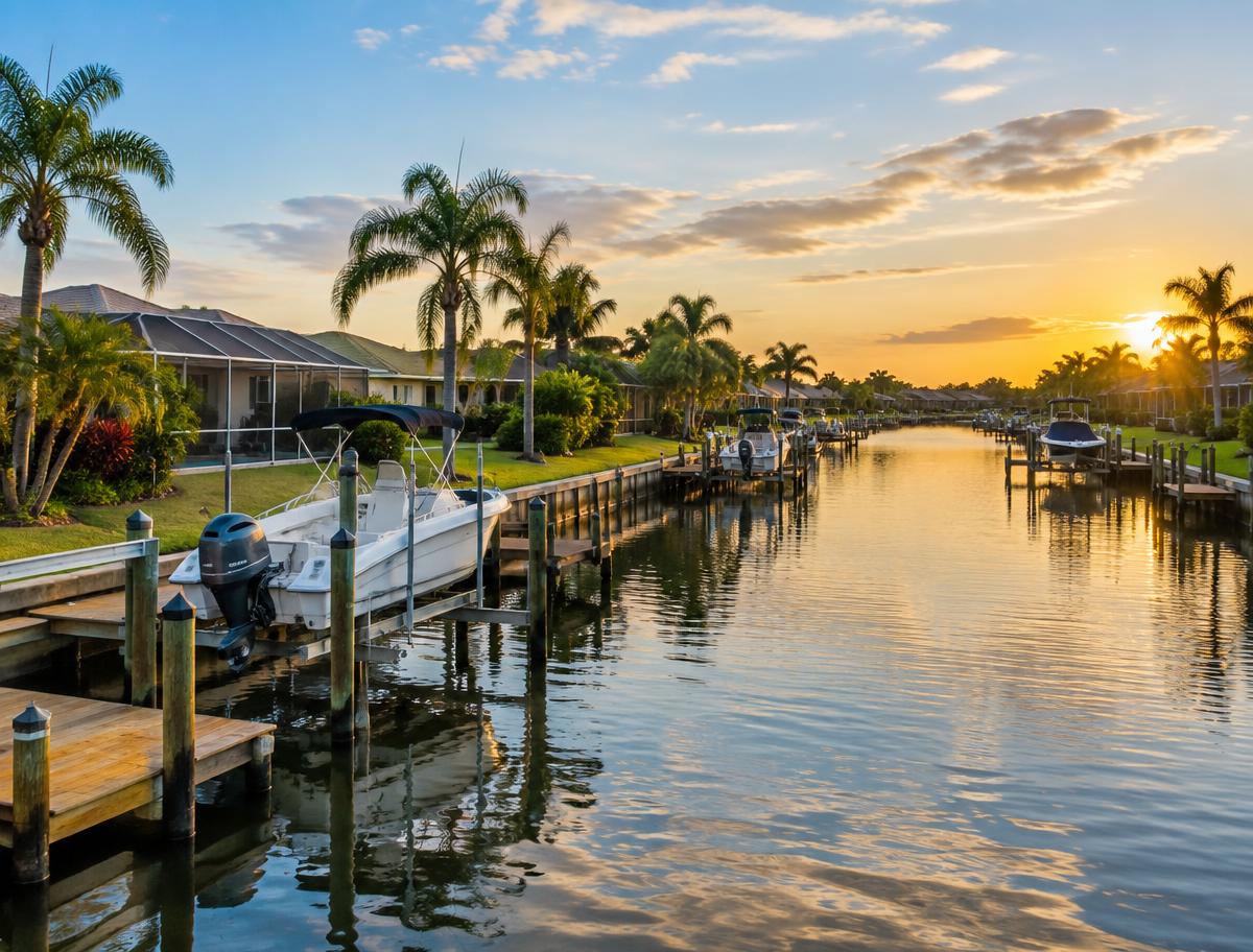 A residential canal with private docks and boats in Apollo Beach