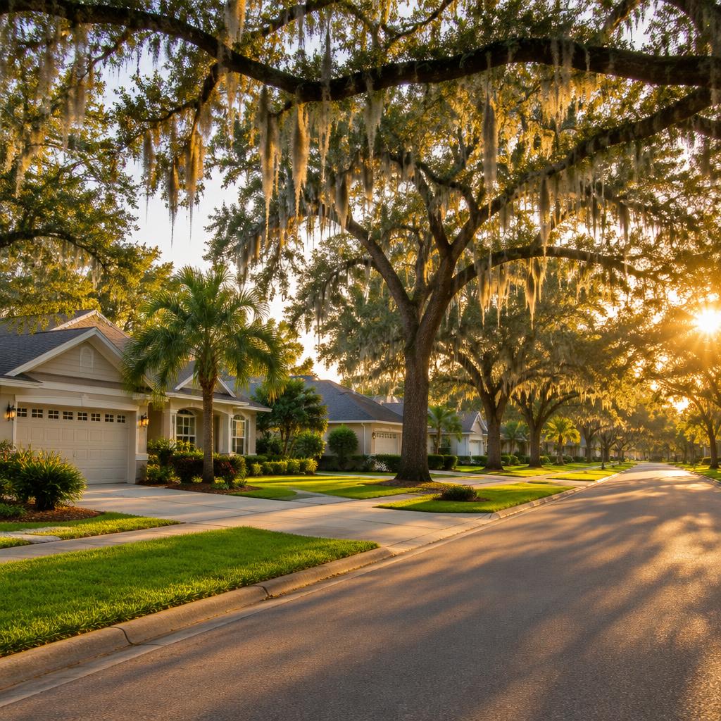 Oak-shaded established neighborhood street, representative of Brandon real estate