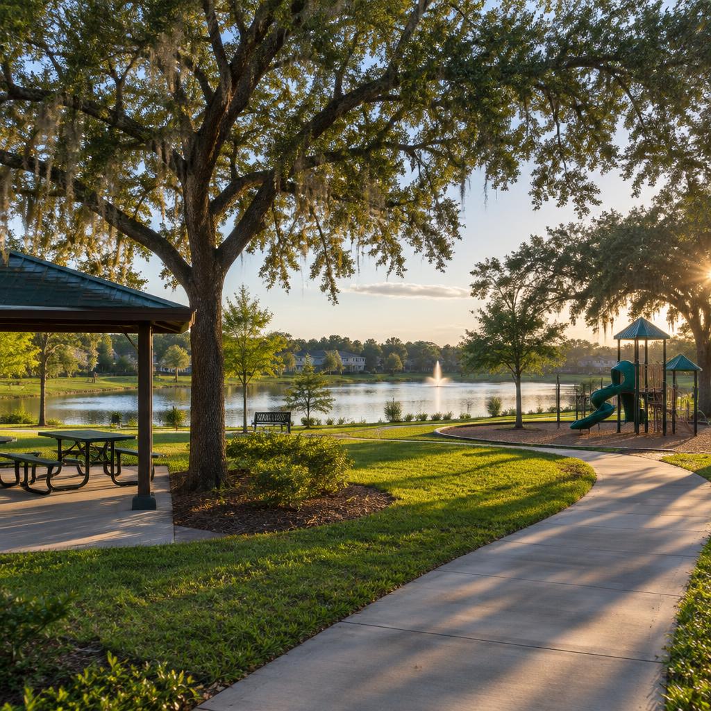 Community park with a lake, playground, and shaded picnic area