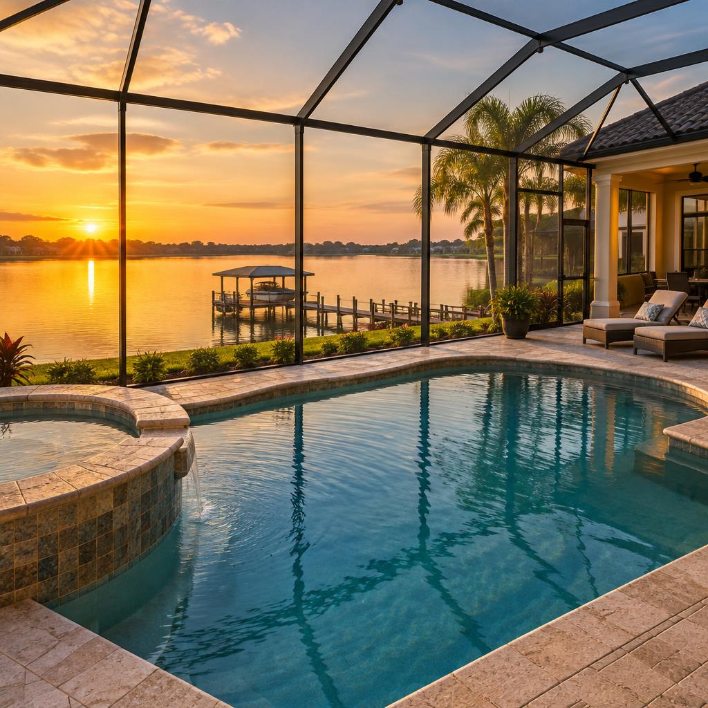 Lakefront pool overlooking a Florida lake