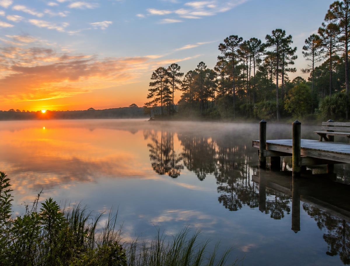 Sunrise over a quiet lake with a private dock in Land O' Lakes, Florida