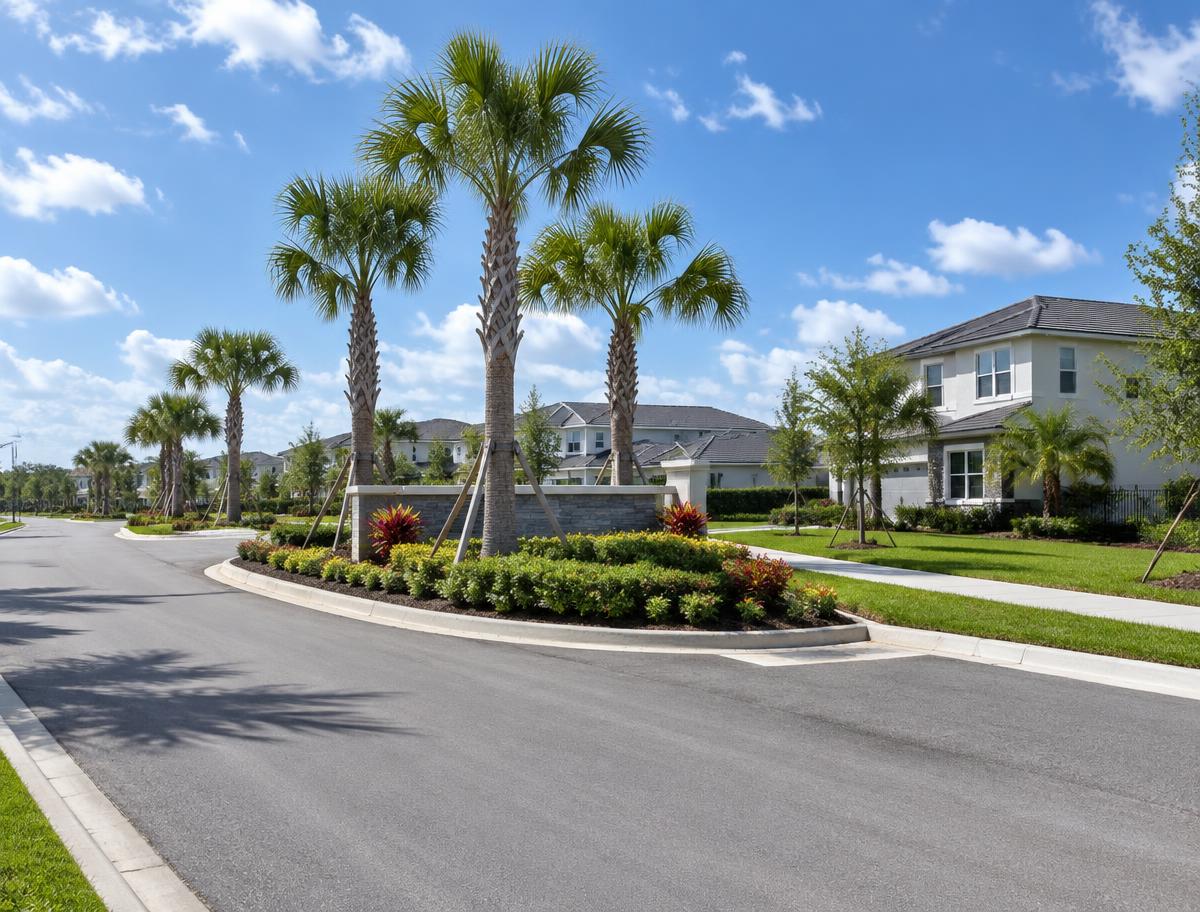 A landscaped entrance to a newer subdivision in Lutz, Florida
