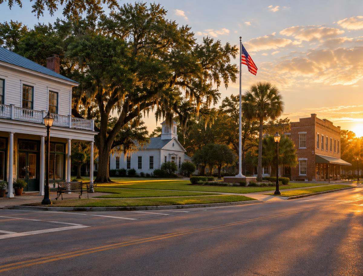 Golden-hour view of a small-town crossroads with shade trees and a flag pole in Lutz, Florida
