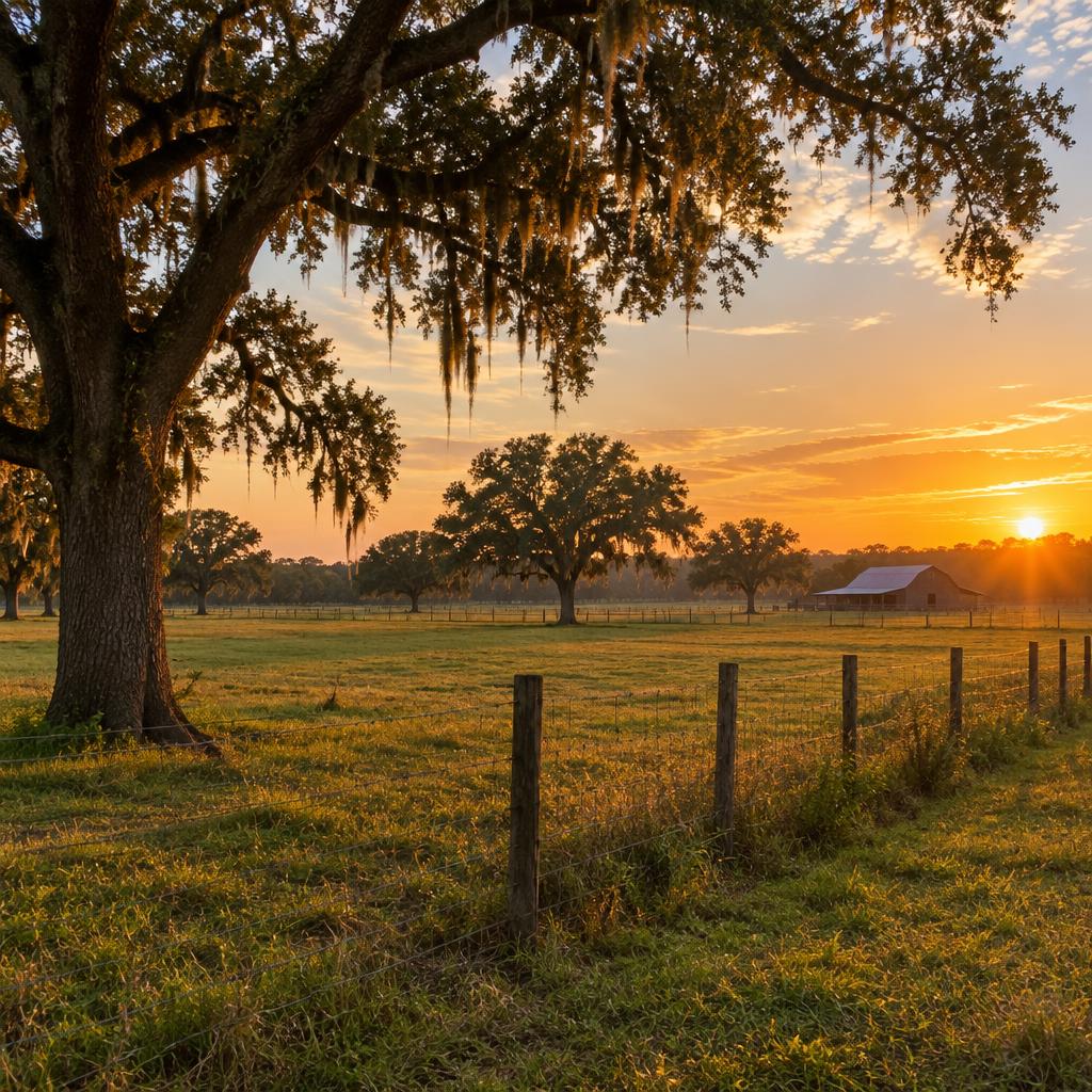 Rural farmland acreage with oaks at sunset in Plant City