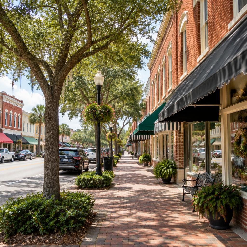 Historic downtown Plant City street with brick storefronts