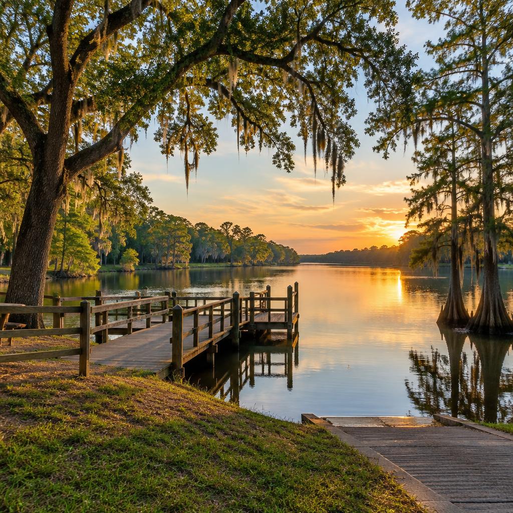Riverside park with cypress trees and a wooden pier on the Alafia River