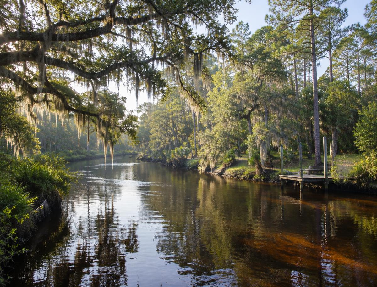The Little Manatee River winding beneath moss-draped oaks in Ruskin