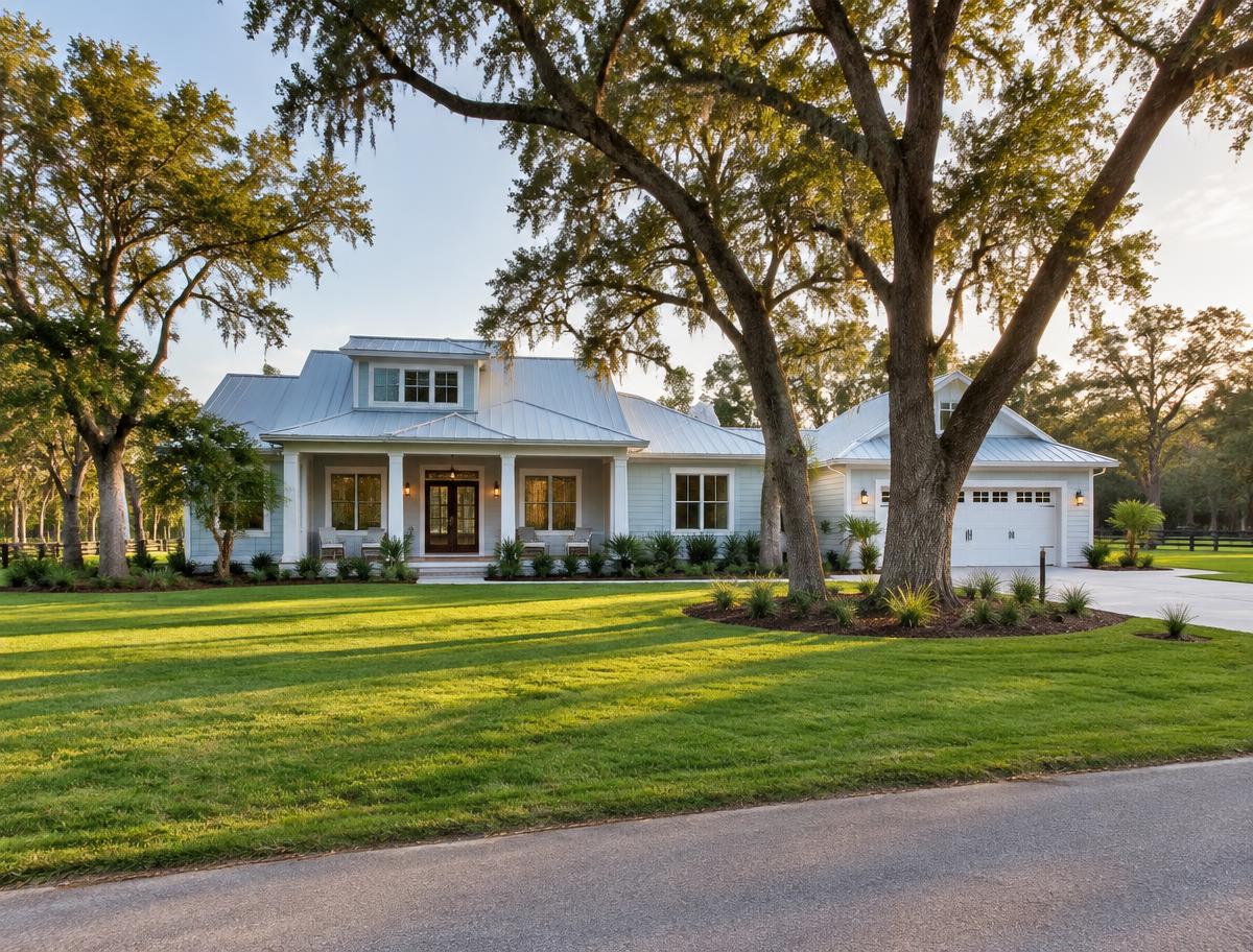 A newer Florida home with a metal roof on a large lot under mature oaks in Ruskin