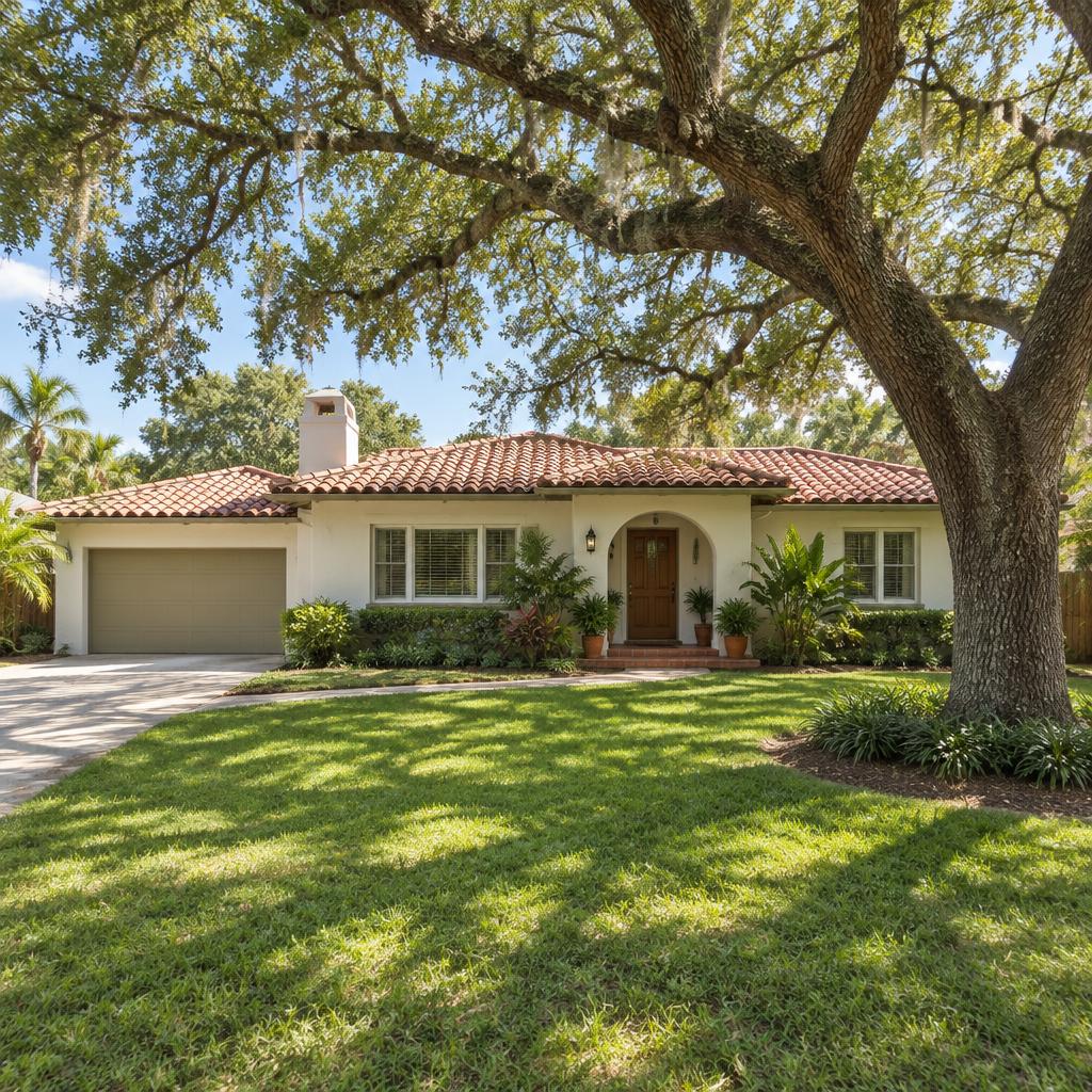 Established Mediterranean-influenced home under mature oaks in Temple Terrace