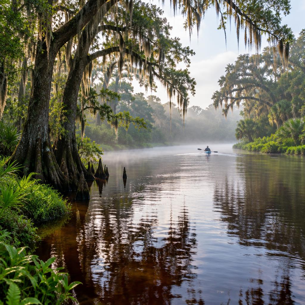 The Hillsborough River winding past cypress and oak trees near Temple Terrace
