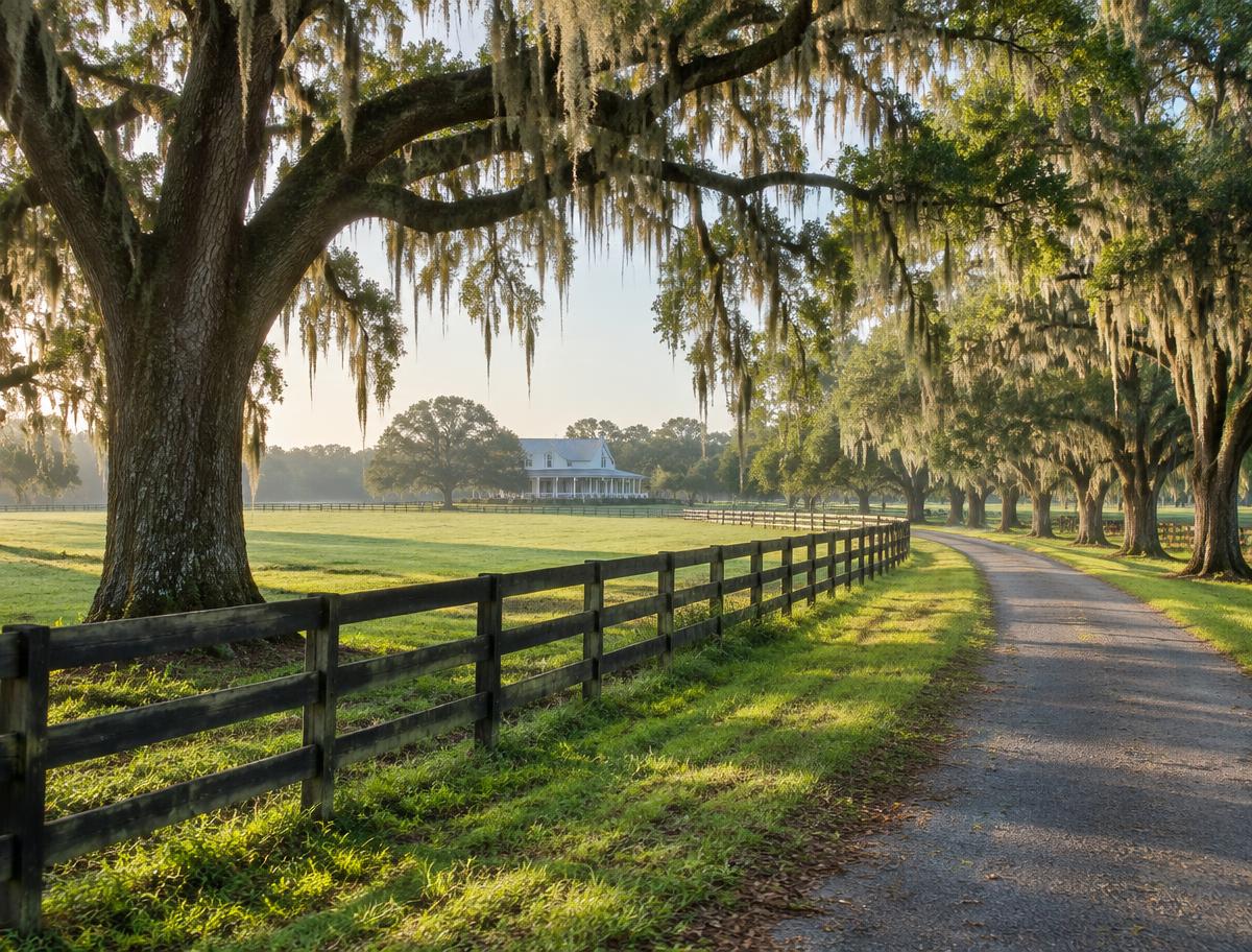 Country lane with pasture fencing and live oaks on acreage outside Zephyrhills, Florida