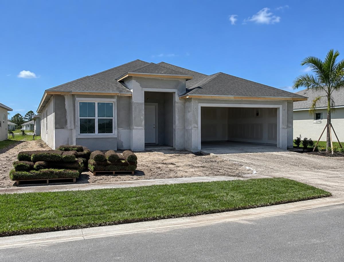A new-construction Florida home under final touches in a Zephyrhills neighborhood